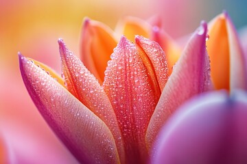 Canvas Print - Closeup of pink tulip petals with dew drops, Spring flower macro photography