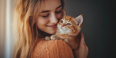 Wall Mural - Childless cat lady - woman holding adorable kitten, solid background, copy space 