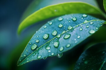 Sticker - Closeup of Dew Drops on Green Leaf, Nature Background