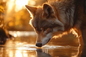 Close-up of a wild wolf drinking water from a calm and peaceful river. Wolf standing drinking water in natural morning light.