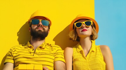 Wall Mural - A man and woman wearing yellow hard hats sitting next to each other, AI