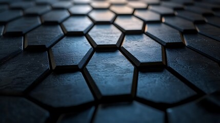 A 3D-rendered hexagonal grid with alternating dark grey and black tones. The uniform pattern creates a sense of order and sophistication, with subtle lighting enhancing the depth of the hexagons.