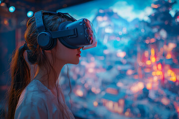 Poster - a person using vr to explore a fantastical, game-like world with elaborate landscapes and interactiv
