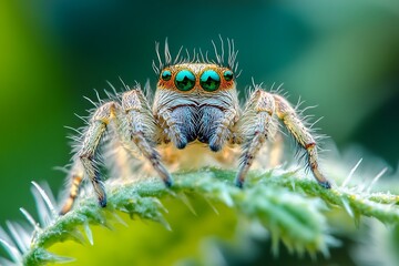 Canvas Print - Macro Photography of Jumping Spider with Bright Green Eyes