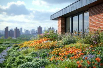 Poster - A green rooftop with native plants and grasses, improving urban air quality and reducing heat island effects. Concept of green infrastructure.