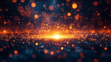 Wall Mural - A mesmerizing display of glowing orange and golden particles floating above a dark surface, creating a dynamic and ethereal atmosphere. 