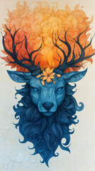 Poster - Blue deer with autumn leaves in its antlers.