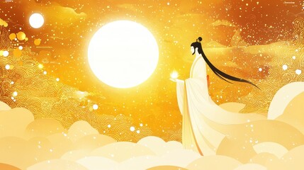 Wall Mural - Woman in White Robe Holding Light in Golden Landscape