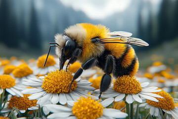 Sticker - A close-up of a bee on a flower, emphasizing the crucial role of pollinators in maintaining healthy ecosystems. Concept of pollinator protection.