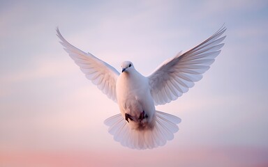 White dove in flight against a pink and purple sky. Generative-Ai