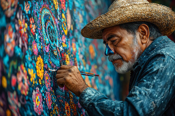 Poster - An artist creating a large mural depicting Day of the Dead imagery, with vibrant colors and detailed symbols celebrating life and death.