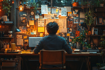 Poster - A young professional working late into the night, with a well-organized desk and a motivational quote on the wall, emphasizing dedication and perseverance.