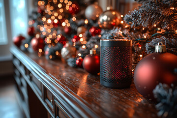 Aufkleber - A stylish home office decked out with sleek, metallic Christmas ornaments and a smart speaker playing holiday tunes. Concept of modern work-from-home holiday celebrations.