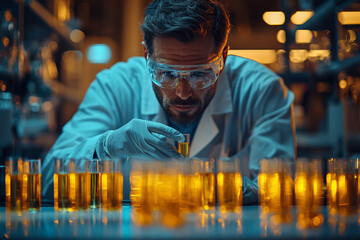 Poster - A scientist conducting an experiment in a lab, with test tubes and equipment arranged neatly on a counter. Concept of scientific research and experimentation.