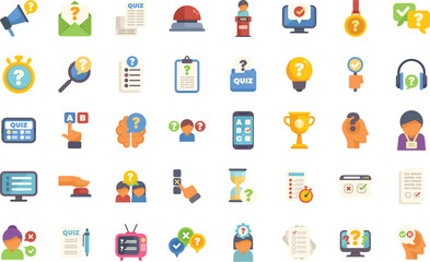 Poster - set of icons depicting people taking online quizzes, answering questions, and solving problems