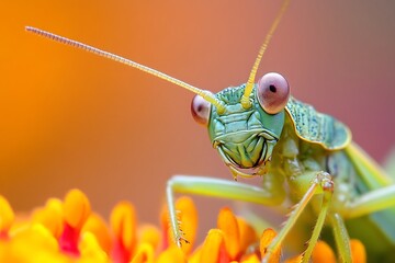 Macro Photo of a Green Grasshopper with Large Eyes on a Yellow Flower