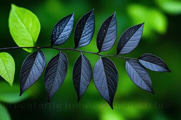 Black and fresh silkweed branch, with delicate leaves softly illuminated by natural light