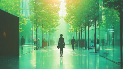 Sticker - Woman walks towards the light in a modern city