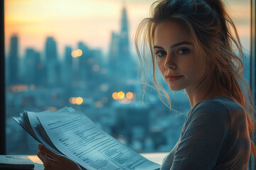 Poster - A focused businesswoman reviewing documents at her desk in a modern office, with a view of the city skyline through the window.