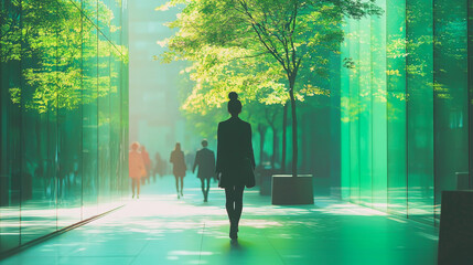 Poster - A woman walks through a green glass hallway.