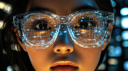 Poster - A woman wearing futuristic glasses with digital data projected onto the lenses.