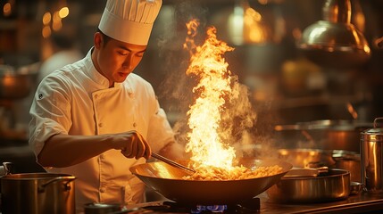 Professional chef cooking with fire in a wok in a restaurant kitchen