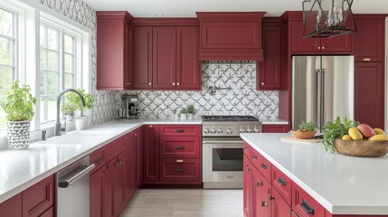 Wall Mural - Modern Kitchen Interior with Red Cabinets, White Countertops, and Patterned Backsplash.