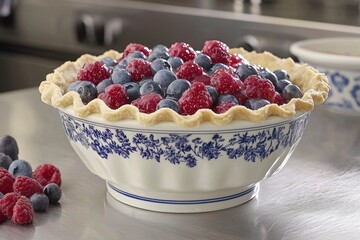 A blueberry and raspberry pie in a white ceramic pie dish with blue floral pattern