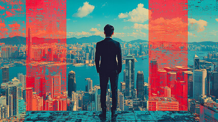 Canvas Print - Man in suit looks out over a city skyline.