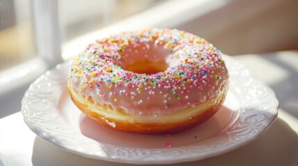 Delicious Pink Frosted Donut with Sprinkles on a Plate