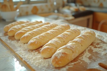 Wall Mural - Freshly Baked Baguettes on a Wooden Cutting Board Covered in Flour