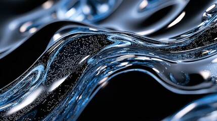 Wall Mural - Abstract Blue Liquid Swirls with Glimmering Bubbles on Black Background