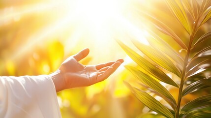 Hand Reaching Out Towards Sunlight and Green Leaves