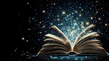 Wall Mural - Open Book with Magical Sparkling Lights and Glitter on Black Background