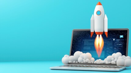 Wall Mural - Laptop with Rocket Launching     Business Startup  Technology Innovation Concept