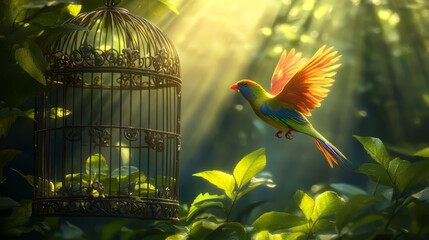 Wall Mural - Colorful Bird Escaping from a Vintage Cage in Lush Greenery