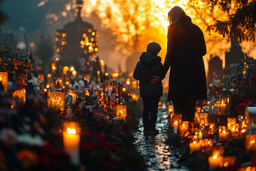 Wall Mural - A family participating in a candlelit vigil at a cemetery, holding hands and sharing stories of loved ones who have passed away.