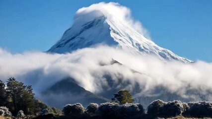 Wall Mural - majestic mount taranaki with lenticular clouds on a winter day in new zealand. snow capped volcano, 