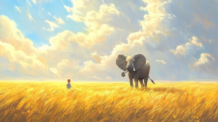 A Child's Dream An Elephant in a Golden Meadow