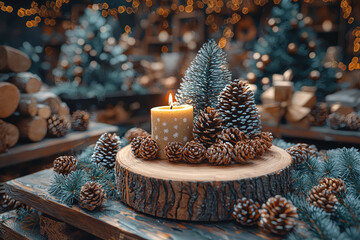 Poster - A Christmas craft workshop in a trendy studio, showcasing DIY decor projects using modern materials and techniques. Concept of creative holiday crafting.