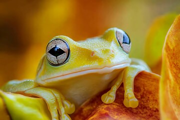 Canvas Print - Close up of a Green Tree Frog with Big Eyes on a Flower