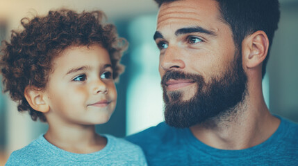 Wall Mural - Close-up portrait of a father and son looking up and smiling.