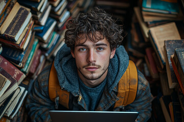 Poster - A student participating in a virtual study group via laptop, surrounded by textbooks. Concept of online collaboration and learning.