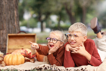 Happy children pointing at something on picnic in park