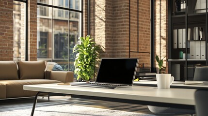 A laptop computer is sitting on a white desk in a modern office with a brick wall.