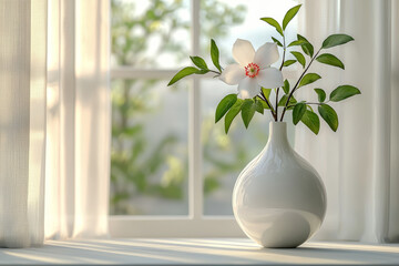 Poster - A single, elegant vase with a single flower on a pristine white table. Concept of minimal decor.