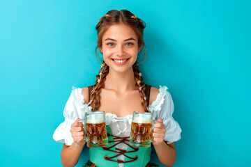 Young sexy waitress in traditional dress serving big beer mugs on light blue background, copy space