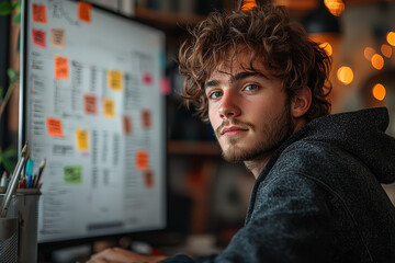 Poster - a person working on a project from their home office, with a whiteboard and sticky notes in the back