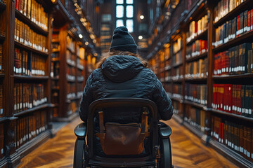 Poster - A person with a visual impairment using adaptive technology in a library. Concept of accessibility and inclusion.