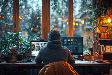 Poster - A person taking notes during a video conference call in a modern home office. Concept of virtual meetings and organization.
